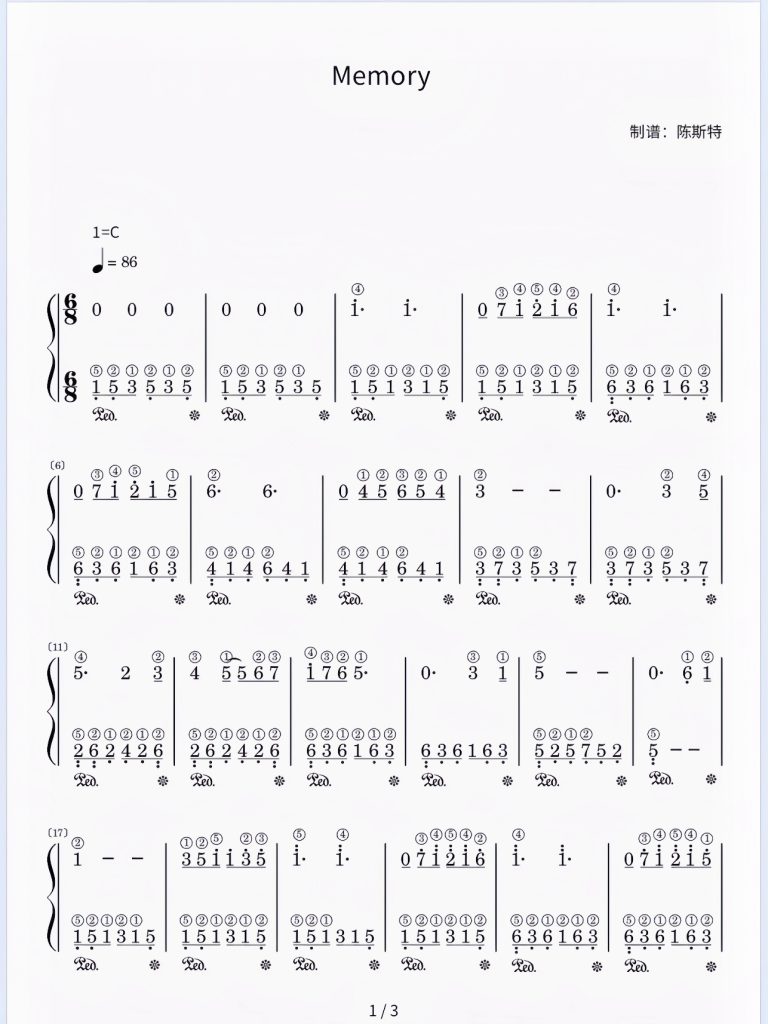 《Memory》简谱-带指法 难度：⭐⭐⭐ 程度：四级                                                                                 简单温柔的小曲 难度不大，但非常好听，乐曲在四级左右程度，可以配合拜厄和599弹奏，谱子含指法，踏板，强弱记号。- 斯特音乐