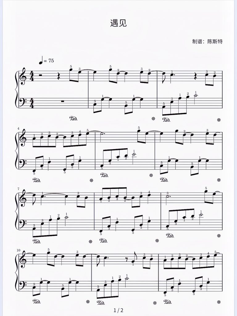《遇见》五线谱-带指法 难度：⭐⭐ 程度：三级- 斯特音乐