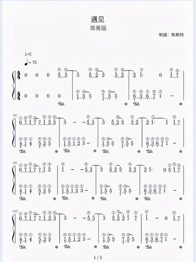 《遇见》简谱-带指法 难度：⭐⭐ 程度：三级- 斯特音乐