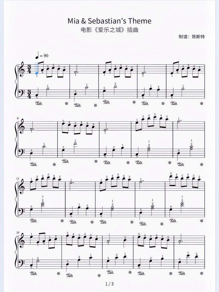《Mia & Sebastian's Theme》五线谱-带指法 难度：⭐⭐ 程度：三级 《爱乐之城》OST 电影插曲，曲子本身较简单，所以对新手非常友好哦。谱子含指法，踏板。- 斯特音乐