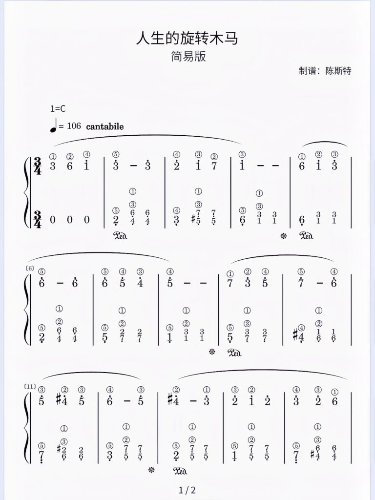 《人生的旋转木马》（普通难度版）简谱-带指法 难度：⭐⭐ 程度：三级- 斯特音乐